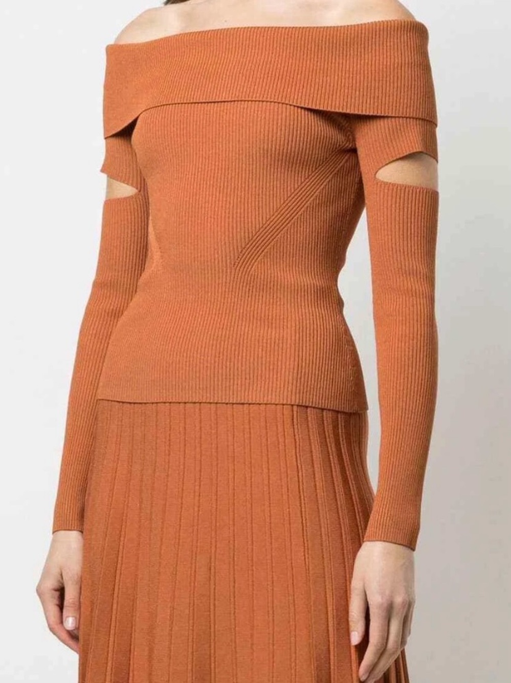 Jonathan Simkhai Off-the-Shoulder Ribbed Sweater in Rust Orange